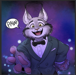 anthro claws clothing dialogue fur grey_body grey_fur male pawpads paws smile solo suit yellow_eyes uken_l disney zootopia pawbert_lynxley canada_lynx felid feline lynx mammal