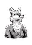 anthro emerald_(gem) female gem gown jewelry looking_at_viewer pendant serious smile solo kippycube tales_from_valmeridia silva_vernalis canid canine fox mammal absurd_res black_and_white half-length_portrait hi_res monochrome portrait sketch