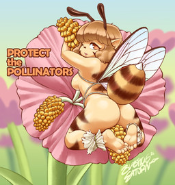 :o antennae_(anatomy) anthro arthropod_abdomen back_wings bedroom_eyes big_butt biped black_antennae black_markings black_nose black_stripes breasts brown_eyes brown_hair butt butt_focus coy detailed_background eyelashes facial_markings feet female female_anthro flower fur hair head_markings insect_wings kneeling looking_at_viewer looking_back looking_back_at_viewer markings membrane_(anatomy) membranous_wings mostly_nude mostly_nude_anthro mostly_nude_female multicolored_body multicolored_skin narrowed_eyes non-mammal_breasts one_eye_closed open_mouth petals plant pollen pose raised_arm rear_view seductive short_hair side_boob soles solo stinger stripes text thick_thighs toes translucent translucent_wings two_tone_body two_tone_skin wings yellow_body yellow_fur yellow_skin blasticussaturn arthropod bee hymenopteran insect english_text hi_res pinup signature
