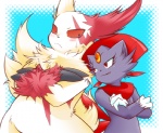 anthro blush bodily_fluids chest_tuft claws duo female fur markings red_eyes red_markings simple_background slightly_chubby sweat tail teeth tuft ryou_tani ryoutani_kana nintendo pokemon felid generation_3_pokemon generation_4_pokemon mammal pokemon_(species) weavile zangoose