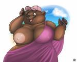 anthro areola big_areola big_breasts breasts brown_body brown_fur claws clothed clothing female fur headgear headwear huge_breasts mature_female nipples one_breast_out open_mouth open_smile overweight smile solo undressing wardrobe_malfunction hehky bear brown_bear mammal ursine 2017 digital_media_(artwork)