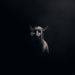 ambiguous_expression anthro antlers eyebrows female hair horn long_hair one_eye_visible shadow simple_background solo glopossum constance_(glopossum) deer mammal 1:1 2023 hi_res trans_(lore) trans_woman_(lore)