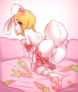 anthro anus big_tail breasts butt carrot clothing female food genitals happy innie_vulva legwear looking_at_viewer plant ribbons smile solo stockings tail vegetable vulva nepentz one_piece carrot_(one_piece) hare lagomorph leporid mammal rabbit absurd_res digital_media_(artwork) hi_res shaded
