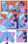 anthro anthrofied anus blue_body blue_fur blue_hair blue_nipples blush bodily_fluids bottomless breasts butt camel_toe close-up clothed clothing comic cutie_mark dekomaru dialogue drooling duo english_text equid equine eye_contact eyes_closed female female/female female_on_bottom female_on_top french_kissing friendship_is_magic fur genitals hair hasbro hi_res hooves horn kissing kneeling looking_at_another looking_down looking_up mammal multicolored_hair my_little_pony mythological_creature mythological_equine mythology nightgown nipples nude on_bottom on_top open_mouth panties pubes purple_body purple_fur purple_hair purple_nipples pussy raised_tail romantic romantic_couple saliva shirt side_boob simple_background sitting surprise tail text tongue tongue_out topless topwear trixie_(mlp) twilight_sparkle_(mlp) two_tone_hair underwear undressing unicorn white_background