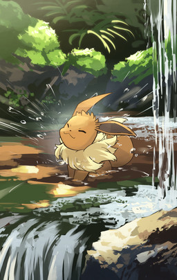ambiguous_gender brown_body brown_fur dipstick_tail eyes_closed feral fur markings moss plant solo tail tail_markings water hakkentai_pkdn nintendo pokemon eevee generation_1_pokemon pokemon_(species) 2026 hi_res