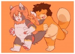 anthro brown_hair duo eyes_closed fur grey_body grey_fur hair male nude orange_background orange_eyes orange_hair simple_background slightly_chubby smile tail tail_hug yellow_body yellow_fur gazpacho rhyzern domestic_cat felid feline felis mammal