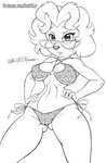 anthro big_breasts bikini breasts camel_toe clothed clothing eyewear female glasses hand_on_hip mature_anthro mature_female nipple_outline solo swimwear text two-piece_swimsuit scificat disney goof_troop ms._pennypacker canid canine canis domestic_dog mammal monochrome url