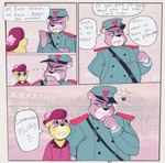 anthro clothing dialogue duo hat headgear headwear humanoid_hands male overweight overweight_male purple_body purple_eyes text sketchyvillain unicorn_wars cabo_pompon_(unicorn_wars) comandante_fluffy bear mammal 2023 english_text hi_res