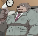 anthro belly big_belly black_nose brown_body clothing detailed_background humanoid_hands kemono male mature_male necktie overweight overweight_male shirt solo topwear 00murice bear mammal 2023