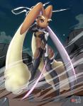 bodysuit breasts brown_body brown_fur clothed clothing dual_wielding female fur holding_melee_weapon holding_object holding_sword holding_weapon melee_weapon skinsuit solo standing star sword tight_clothing torn_clothing weapon rilex_lenov nintendo pokemon lizzy_(rilex_lenov) generation_4_pokemon lagomorph lopunny mammal pokemon_(species) digital_media_(artwork) watermark