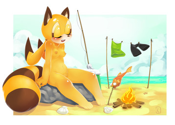 4_toes 5_fingers ambiguous_gender anthro barefoot beach biped black_eyes blush bottomwear breasts clothing cloud detailed_background eyelashes eyes_closed feet female fingers fire fishing fur glistening navel nipples nude open_mouth outside pole rock sand sea seaside shadow shell shirt shorts sitting sky solo stick stripes teeth toes topwear water wood cumeoart sega sonic_the_hedgehog_(series) marine_the_raccoon aquatic fish mammal procyonid raccoon 2014 hi_res
