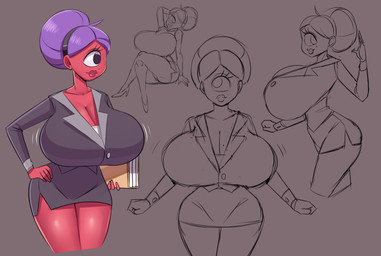 big_breasts bottomwear breasts cleavage clothed clothing female hair huge_breasts not_furry purple_hair red_body red_skin skirt solo squidapple cyclops 2021 hi_res