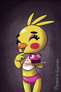 anthro beak bib blush clothing cross-eyed cupcake cutlery eating eyes_closed eyeshadow female food fork kitchen_utensils machine makeup open_mouth panties solo text tools underwear phoenix-conrad_(artist) five_nights_at_freddy's five_nights_at_freddy's_2 scottgames cupcake_(fnaf) toy_chica_(fnaf) animatronic avian bird chicken galliform phasianid robot english_text