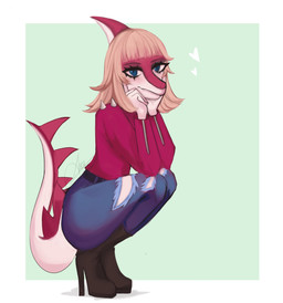 anthro blonde_hair blue_background blue_eyes bone_frill boots border bottomwear clothed clothed_anthro clothed_female clothing crouching denim denim_bottomwear denim_clothing female fingers footwear frill_(anatomy) hair heart_symbol high_heeled_boots high_heels humanoid_hands jacket jeans looking_at_viewer medium_hair pants pink_body pink_clothing pink_jacket pink_topwear shoes simple_background smile solo spiked_tail spikes spikes_(anatomy) tail text topwear torn_bottomwear torn_clothing torn_pants white_body white_border akky19 cavemanon_studios i_wani_hug_that_gator mia_moretti dinosaur hadrosaurid ornithischian ornithopod parasaurolophus prehistoric_species reptile scalie absurd_res artist_name colored hi_res shaded