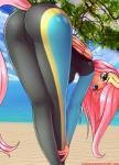 2017 absurd_res anthro anthrofied beach blush butt clothing cloud detailed_background digital_media_(artwork) equid equine eyelashes female fluttershy_(mlp) friendship_is_magic hair hasbro hi_res long_hair looking_at_viewer mammal my_little_pony mythological_creature mythological_equine mythology outside pegasus pink_hair sand sea seaside sky smile solo swimwear text twistedscarlett60 water wetsuit wings