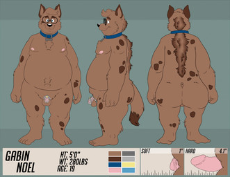 anthro balls belly brown_body brown_fur chastity_cage chastity_device collar eyewear flaccid fur genitals glasses lock male moobs nipples overweight overweight_male padlock penis small_penis solo bravo gabin_(saintajax) hyena mammal 2018 model_sheet