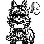 anthro bag black_sclera clothing eyebrows fangs female fur hair hood inner_ear_fluff nine_eleven pupils solo speech_bubble tail teeth thick_eyebrows tuft white_body white_fur white_hair white_pupils 2hiakkable canid canine canis hybrid mammal wolf digital_media_(artwork) low_res monochrome oekaki tegaki_(artwork)