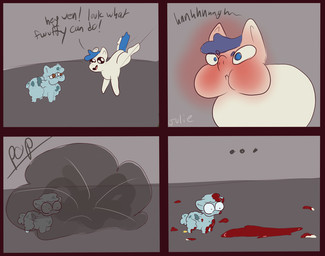ambiguous_feral ambiguous_gender baby_talk blood blood_on_body blood_puddle blue_body blue_eyes blue_fur blue_hair blue_tail blue_wings blush bodily_fluids brown_eyes constricted_pupils death dialogue ellipsis explosion feral fur gore hair monotone_body puffed_cheeks pupils quadruped small_pupils smoke sparkles sparkling_eyes suicide surprised tail text toddler what white_body wings young young_ambiguous young_feral julie_(artist) fluffy_pony fluffy_pony_(species) mammal 2023 comic digital_media_(artwork) english_text hi_res