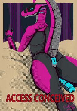after_sex anthro bedroom blue_eyes genitals glowing glowing_eyes glowing_genitalia glowing_penis male neon penis pink_body poster raised_tail solo tail tail_anus a_snake_with_hat synth_(vader-san) absurd_res digital_media_(artwork) hi_res