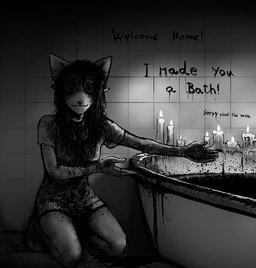 5_fingers anthro barefoot bathtub blood blood_writing bodily_fluids breasts candle clothed clothed_anthro clothed_female clothing feet female fingers fur hair hindpaw horror_(theme) humanoid_hands kneeling paws smile solo writing_on_wall hladilnik carol_(hladilnik) canid canine canis domestic_dog ghost mammal spirit 2025 dialogue_in_description greyscale hi_res monochrome