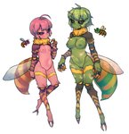 2_toes 5_fingers ahoge alternate_species animal_humanoid arthropod arthropod_abdomen arthropod_humanoid bee_humanoid big_breasts black_sclera breast_size_difference breasts claws duo eyelashes feet female fingers floating genitals glistening glistening_body green_body green_eyes green_hair green_nipples green_skin hair hi_res hornet_(terraria) humanoid humanoidized hymenopteran hymenopteran_humanoid insect insect_humanoid insect_wings looking_at_viewer monotone_hair moss_hornet_(terraria) multicolored_body multicolored_skin navel neck_tuft nipples nude nyong_nyong pink_body pink_hair pink_nipples pink_skin purple_eyes pussy short_hair simple_background slim small_breasts standing stinger stripes terraria toes tuft white_background wings yellow_stripes