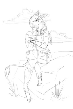 anthro bottle_cap boulder braided_hair cloud cloven_hooves cosplay counting female hair happy hooves horn looking_down markings ossicone rock sitting smile solo spots spotted_markings tail tail_tuft tuft vault_suit kriwu fallout microsoft gracey_halvenka giraffe giraffid mammal 2016 2:3 absurd_res hi_res monochrome sketch