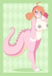 ahoge anthro barefoot big_breasts biped blue_eyes breasts feet female green_background hair heart_eyes heart_symbol looking_at_viewer navel nipples non-mammal_breasts non-mammal_nipples nude orange_hair pattern_background pigtails pink_body pink_scales scales simple_background solo standing re-sublimity-kun menmen alligator alligatorid crocodilian reptile scalie 2016 digital_media_(artwork)