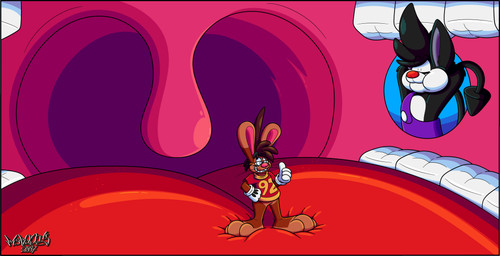 3_toes 4_fingers anthro big_feet big_tongue cartoon_gloves cheek_bulge duo feet fingers gesture hand_gesture inside_mouth male male/male mawplay nonchalant paws red_tongue smug smug_expression smug_face soft_vore tail thumbs_up toes tongue toony uvula vore marquis2007 herman_(marquis2007) roderick_(tamerkoh) imp lagomorph leporid mammal rabbit absurd_res hi_res