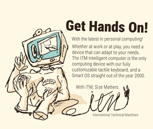 advertisement anthro breast_grab breast_play breast_rest breasts computer computer_monitor computer_mouse desk disembodied_hand electronics female furniture hand_on_breast legless machine office simple_background solo table tan_background text woodhouse3d animate_inanimate living_machine english_text restricted_palette