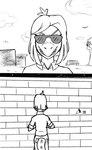 anthro blind brick_wall clothing disability eyewear female front_view hair outside sharp_teeth shirt short_hair smile solo sunglasses teeth topwear wall_(structure) jacket_ignites cavemanon_studios snoot_game bianca_(bybuckett) fan_character dinosaur prehistoric_species reptile scalie 2024 black_and_white comic hi_res monochrome sketch