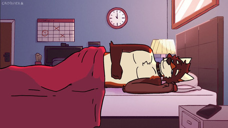 anthro bed bedroom collar collar_only furniture inviting looking_at_viewer male nude sleeping solo tail tail_motion tailwag croquiek canid canine canis mammal wolf 16:9 animated cover hi_res no_sound short_playtime video widescreen