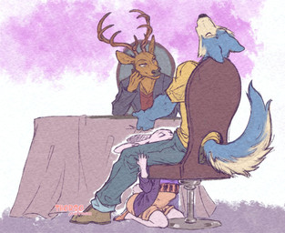 anthro anthro_on_anthro antlers blue_body blue_fur bottomwear brown_body casual_sex clothed clothed_sex clothing eyes_closed fellatio female fur furniture group head_on_hand horn jacket kneeling male male/female oral pants penile pink_body predator/prey sex shirt sitting table topwear trio thorso_the_vile beastars haru_(beastars) legoshi_(beastars) louis_(beastars) canid canine canis cervine deer domestic_rabbit dwarf_rabbit lagomorph leporid mammal oryctolagus rabbit red_deer wolf 2021