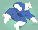 anthro biped clothed clothing humanoid_hands kemono lying male overweight overweight_male solo inunoshippo canid canine canis domestic_dog mammal 2022 5:4 hi_res