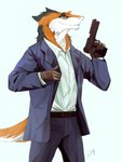 amber_eyes anthro blue_bottomwear blue_clothing blue_jacket blue_pants blue_topwear bottomwear brown_clothing brown_gloves brown_handwear cheek_tuft clothed clothing cosplay countershading facial_tuft fully_clothed fur gloves grey_body grey_fur gun handgun handwear holding_gun holding_handgun holding_object holding_pistol holding_ranged_weapon holding_weapon jacket male multicolored_body multicolored_fur orange_body orange_fur orange_tail pants pistol ranged_weapon simple_background smile solo tail topwear tuft weapon white_background white_body white_countershading white_fur white_tail akrolayn grand_theft_auto grand_theft_auto_v rockstar_games michael_de_santa sergal 2015 digital_media_(artwork) hi_res portrait three-quarter_portrait unavailable_at_source