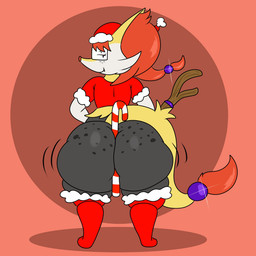 anthro big_butt biped bubble_butt butt candy candy_cane clothed clothed_anthro clothed_female clothing dessert eyelashes eyewear female female_anthro food freckled_butt freckled_face freckles geometric_background glasses hair holidays huge_butt long_eyelashes long_hair looking_at_viewer looking_back looking_back_at_viewer motion_lines motion_outline multicolored_body object_between_ass pose rear_view shadow simple_background solo thick_thighs wide_hips thixxen christmas nintendo pokemon irene_(thixxen) braixen canid canine fox generation_6_pokemon mammal pokemon_(species) 1:1 digital_drawing_(artwork) digital_media_(artwork) full-length_portrait hi_res portrait