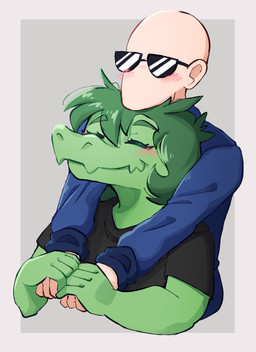 abstract_background anthro bald blush clothing duo eyelashes eyes_closed eyewear female fingers green_body green_hair green_scales hair hand_holding jacket light-skinned_male light_body light_skin male male/female scales short_hair smile snout sunglasses topwear paperloops cavemanon_studios i_wani_hug_that_gator inco_(iwhtg) olivia_halford baryonyx dinosaur human mammal prehistoric_species reptile scalie spinosaurid theropod 2024 digital_drawing_(artwork) digital_media_(artwork) hi_res