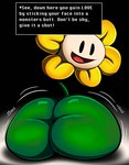 ambiguous_gender big_butt black_eyes butt exclamation_point flower green_body green_butt huge_butt looking_at_viewer looking_back not_furry nude onomatopoeia open_mouth plant simple_background smile solo sound_effects text text_box tepigfan101 undertale undertale_(series) flowey_the_flower elemental_creature flora_fauna flower_creature 2022 digital_media_(artwork) english_text hi_res