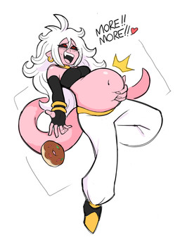 anklet arm_warmers armwear belly big_belly black_sclera blush bracelet clothing dessert dialogue doughnut ear_piercing female female_pred food gold_(metal) gold_jewelry hair hand_on_belly heart_symbol humanoid_pointy_ears jewelry long_hair looking_up navel neck_ring not_furry open_mouth open_smile pastry piercing pink_body pink_skin pink_tail pointy_ears red_eyes sharp_teeth simple_background smile solo tail teeth text vore white_background white_hair lewdlemage dragon_ball dragon_ball_fighterz android_21 majin_android_21 alien alien_humanoid humanoid majin 2018 english_text hi_res