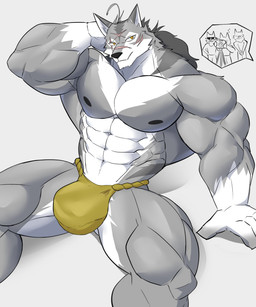 abs anthro asian_clothing biceps clothing east_asian_clothing fundoshi fur grey_body grey_fur japanese_clothing male multicolored_body multicolored_fur muscular muscular_anthro muscular_male nipples pecs simple_background two_tone_body two_tone_fur underwear white_background white_body white_fur yellow_eyes wolfblack43 morenatsu ten_kodori canid canine canis mammal wolf hi_res