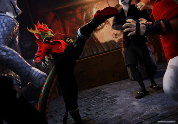 alley anthro boots clothed clothing facial_piercing female fight fighting_pose flip_flops footwear group hair high_kick horn jacket kick knife male nose_piercing nose_ring piercing pose red_hair ring_piercing sandals shoes surrounded tail thug topwear darkflash23 mythology bras_(petruz) bovid bovine canid canine canis cattle dragon eastern_dragon mammal mythological_creature mythological_scalie reptile scalie snake wolf 3d_(artwork) digital_media_(artwork) hi_res
