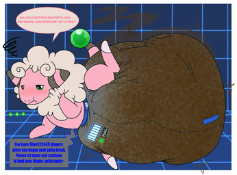 ambiguous_gender anthro big_diaper blush blush_lines border clothed clothing color_coded color_coded_speech_bubble color_coded_text dialogue diaper diaper_only ellipsis emanata excessive_feces feces floor front_view frustrated frustration_cloud fur green_eyes grey_body grey_fur hand_on_chin hand_on_ground huge_diaper hyper hyper_feces hyper_soiling lying mouth_scar multicolored_body multicolored_fur narrowed_eyes on_side pink_body pink_fur pooping progress_bar progress_display punishment soiled_diaper soiling soiling_diaper solo speech_bubble stink_fumes striped_ears tan_body tan_fur tan_wool text tile tile_floor tile_wall topless unclean_diaper used_diaper wall_(structure) wearing_diaper white_border wool_(fur) tenerius nintendo pokemon flaaffy generation_2_pokemon pokemon_(species) 2024 absurd_res english_text full-length_portrait hi_res portrait