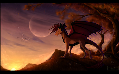 black_bars claws detailed_background feral hair membrane_(anatomy) membranous_wings outside sky solo spines standing sunset tail wings skaydie european_mythology mythology dragon mythological_creature mythological_scalie scalie western_dragon 2015 digital_media_(artwork) letterbox