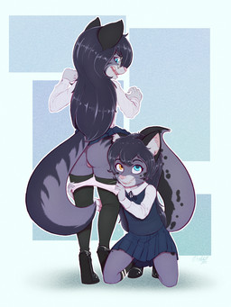 angry anthro black_hair blue_eyes bottomwear clothed clothing clothing_pull digitigrade duo eyewear female fist footwear forced forced_exposure fur genitals glasses grey_body grey_fur hair heterochromia inner_ear_fluff knee_highs legwear markings multicolored_body multicolored_fur orange_eyes panties panty_pull partially_clothed raised_bottomwear raised_clothing raised_fist raised_hand raised_skirt school_uniform shoes skirt spots spotted_body spotted_fur striped_body striped_fur stripes thigh_highs tuft two_tone_body two_tone_fur underwear underwear_down underwear_pull uniform vulva whiskers white_body white_fur young young_anthro young_female poulet-7 abby_(giantburger) therie_(giantburger) domestic_cat felid feline felis mammal 3:4 hi_res sibling_(lore) sister_(lore) sisters_(lore)