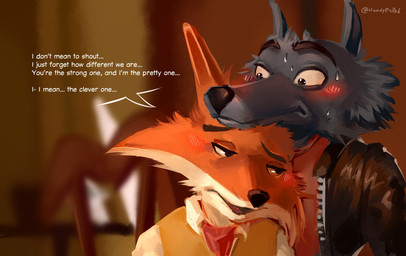 anthro black_nose blush bodily_fluids clothing cuddling dialogue duo fur grey_body grey_fur interspecies jacket male male/male mouth_closed nervous open_mouth orange_body orange_fur sweat text topwear vest hoodypisded don't_eat_the_neighbours canid canine canis fox mammal wolf english_text hi_res