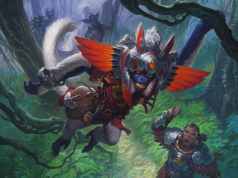 ambiguous_gender angry armor feral forest fur grass group headgear helmet holding_melee_weapon holding_object holding_polearm holding_spear holding_weapon jungle male melee_weapon open_mouth pauldron plant polearm red_eyes smile spear tail tree weapon white_body white_fur steve_prescott hasbro magic:_the_gathering wizards_of_the_coast haplorhine human mammal monkey primate official_art