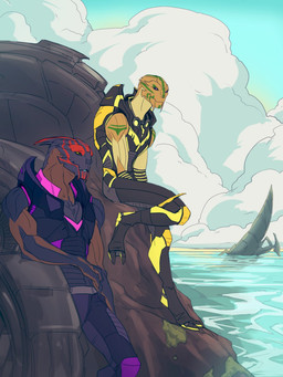 clothing duo leaning_on_object looking_aside male outside sleeveless_clothing smile standing water relay314 bioware electronic_arts mass_effect alien turian 3:4 hi_res