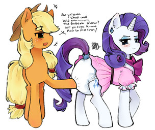 blonde_mane blue_eyes blue_eyeshadow blush cartoon_freckles clean_diaper clothed clothed_feral clothing cutie_mark dialogue diaper duo ear_piercing ear_ring eyelashes eyeshadow female female/female feral freckled_face freckles furgonomic_diaper furgonomics green_eyes horn long_eyelashes makeup mane orange_body piercing purple_mane purple_tail quadruped ring_piercing tail text wearing_diaper white_body yellow_tail omufujofish friendship_is_magic hasbro my_little_pony mythology applejack_(mlp) rarity_(mlp) earth_pony equid equine horse mammal mythological_creature mythological_equine pony unicorn digital_drawing_(artwork) digital_media_(artwork) english_text hi_res