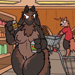 anthro bodily_fluids breasts casual_nudity caught_in_the_act duo exhibitionism featureless_breasts female food fur genital_fluids genitals mouthless nude public shocked shopping solo_focus store text vaginal_fluids vulva trout_(artist) cocoa_(trout) anteater bovid canid canine caprine goat hybrid mammal pilosan xenarthran 1:1 2017 aliasing digital_media_(artwork) english_text russian_text