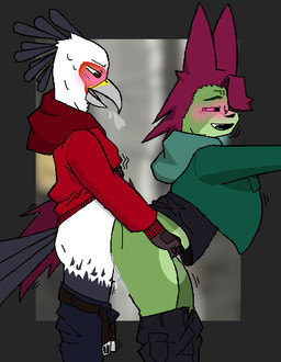anthro arms_out avian_arms background_image balls beak belt bent_legs bent_over big_breasts black_body black_bottomwear black_clothing black_feathers black_pants black_sclera black_shirt black_topwear blurred_background blush blush_lines blushing_profusely bodily_fluids bottomwear bottomwear_down breasts breath breathing brown_eyes clothed clothing clothing_lift creases cropped_jacket cum cum_drip cum_inside denim denim_bottomwear denim_clothing desperation doggystyle dripping duo eyebrows facial_markings feathers female from_behind_position fur genital_fluids genitals green_body green_clothing green_fur green_hoodie green_topwear hair head_markings holding_clothing holding_hip holding_hoodie holding_object holding_pole holding_topwear hoodie jeans leaf leaf_hair leaf_tail looking_at_another looking_back looking_down looking_down_at_partner looking_pleasured male male/female markings open_beak open_mouth orange_body orange_feathers pants pants_down partially_clothed penetration pent_up petal_hair pink_eyes pink_hair plant plant_hair pseudo_hair raised_clothing raised_hoodie raised_shirt raised_topwear red_clothing red_hair red_hoodie red_topwear sex shirt shirt_lift sweat tail tail_feathers teeth teeth_showing thrust_lines thrusting tongue topwear unbelted vaginal vaginal_penetration white_body white_feathers white_sclera quincebleene quince_(quincebleene) accipitrid accipitriform avian bird piantan secretary_bird 2025 colored digital_drawing_(artwork) digital_media_(artwork) shaded