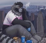 anthro cigarette cigarette_in_mouth city cityscape clothing crop_top macro male object_in_mouth overweight overweight_anthro overweight_male shirt sitting smoking solo topwear francium420 bud_light adam_(noelleallowed) mammal procyonid raccoon hi_res